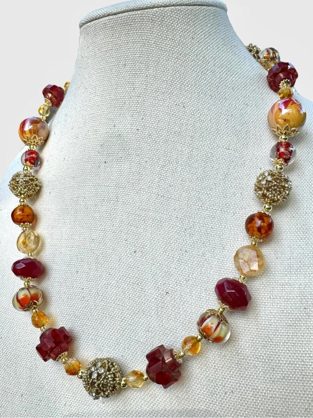 ARTISAN Lampwork Glass, Czech Glass, Ruby & Citrine Necklace